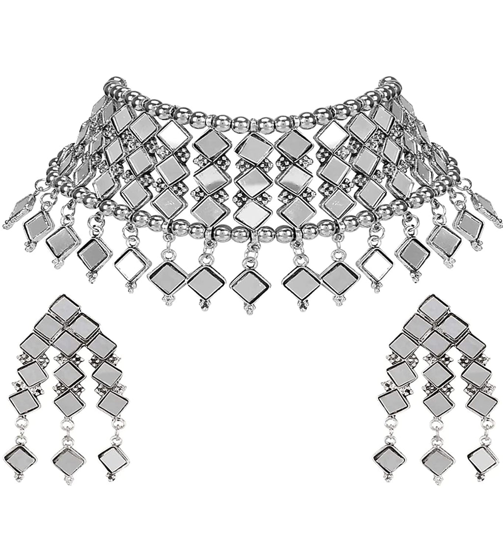 Silver-Plated Alloy Kundan Studded Oxidised Choker Necklace - The Pari
