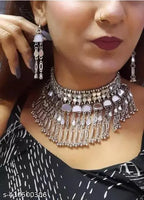 Tehzeeb Creations Women's Silver Colour Oxidised Necklace Set With Mirror Work