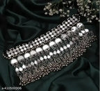 Tehzeeb Creations Women's Silver Colour Oxidised Necklace Set With Mirror Work