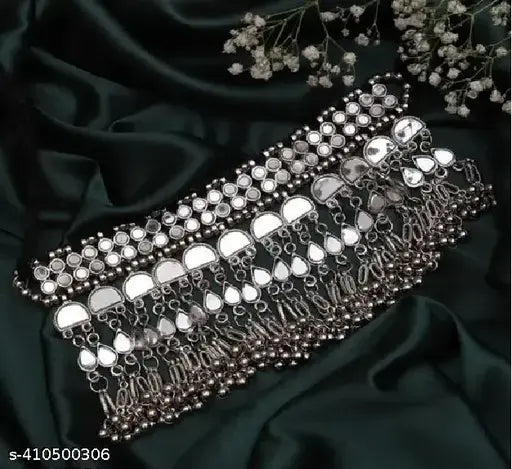 Tehzeeb Creations Women's Silver Colour Oxidised Necklace Set With Mirror Work