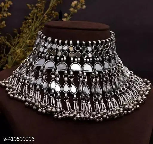 Tehzeeb Creations Women's Silver Colour Oxidised Necklace Set With Mirror Work