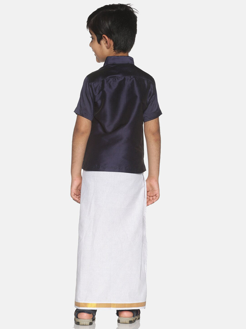 Sethukrishna Boys Navy Blue & White Solid Shirt and Veshti Set