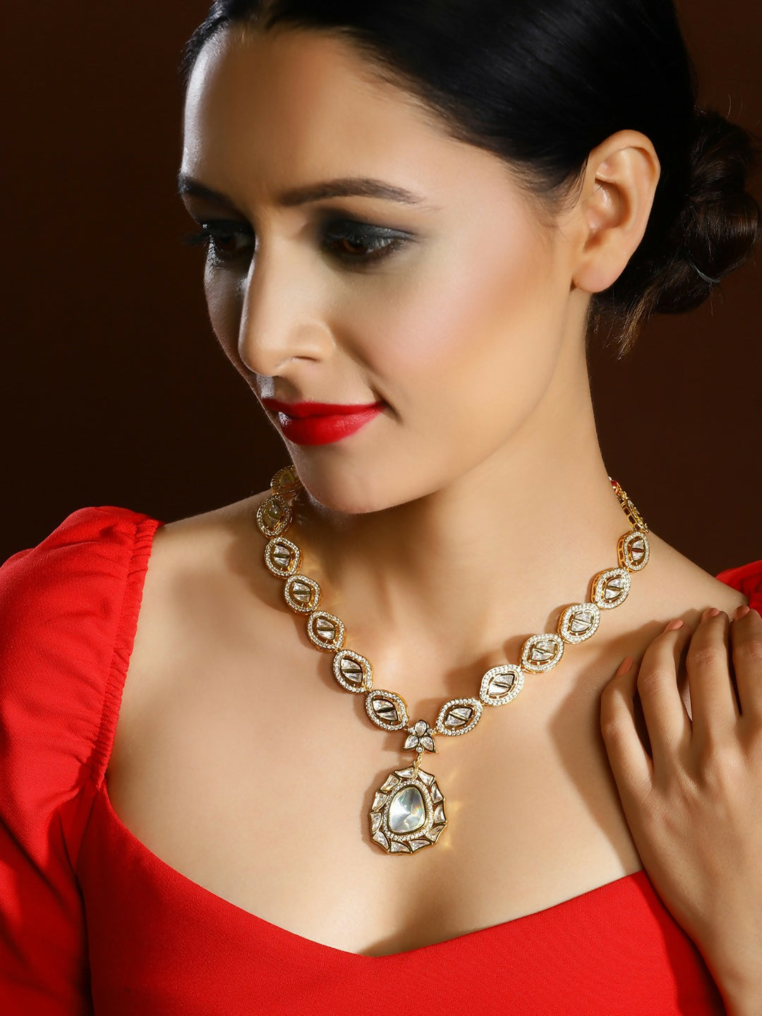Gold Tone Kundan and Diamond Neckpiece- Ruby Raang
