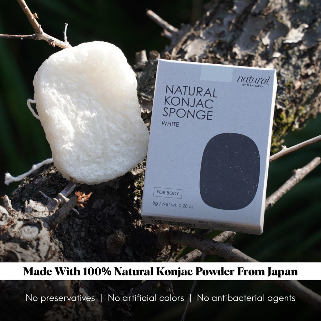 ILEM JAPAN Natural Konjac Body Sponge - Soft White Sponge for All Skin, Exfoliating, Gentle Japanese Skincare Tool for Bath & Shower | For Men & Women | Help Reduction of Fine lines & Wrinkles