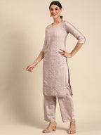 All About You Women Mauve Ethnic Motifs Embroidered Regular Sequinned Chanderi Silk Kurta with Palazzos &