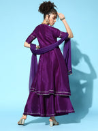 Sangria Women Purple & Silver Ethnic Motifs Gotta Patti Kurta with Palazzos & Dupatta