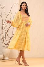 Juniper Women's Yellow Ethnic Motif Printed Georgette Midi Dress With Sequins Work - Distacart