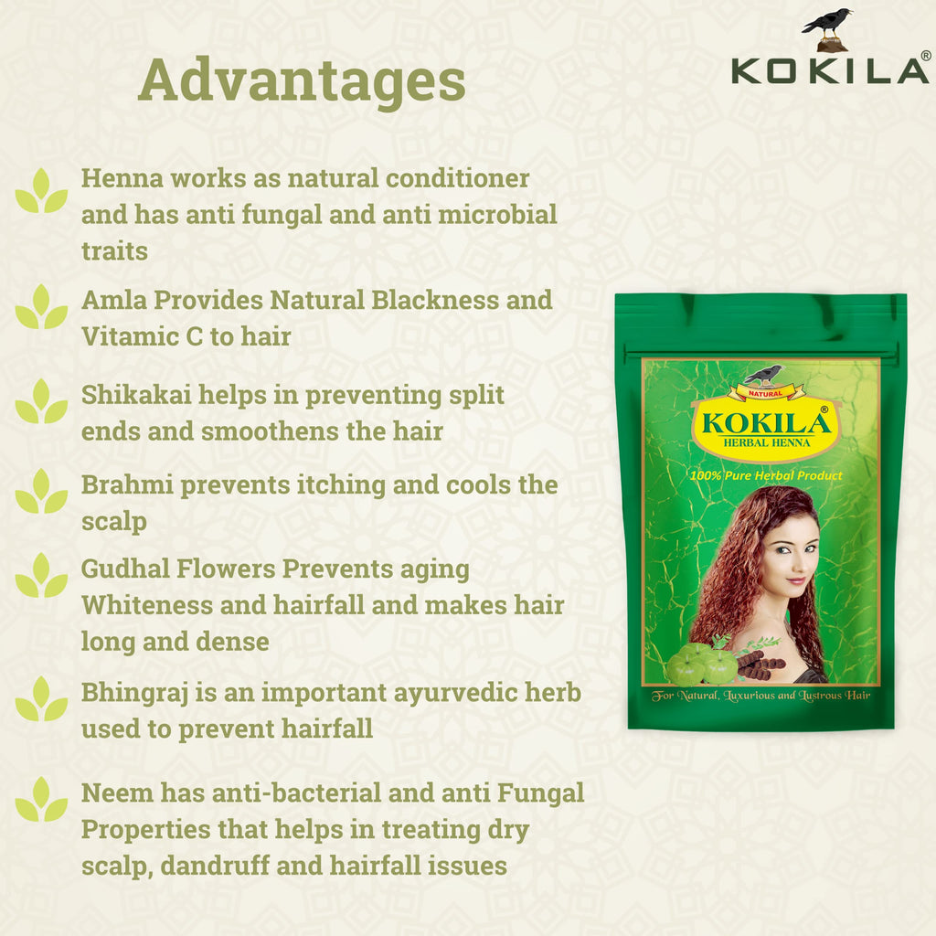 Kokila 100% Natural & Herbal Henna Mehandi Powder With 6 Ayurvedic Herbs, Organic Hair Colour