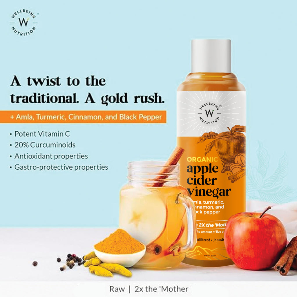 Wellbeing Nutrition Organic Apple Cider Vinegar with 2X Mother - Amla, Turmeric, Cinnamon, and Black Pepper - Distacart