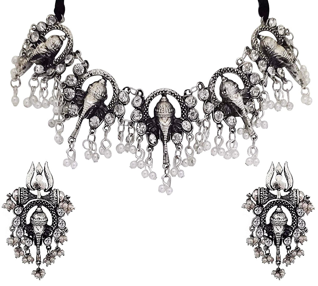 Silver-Plated Alloy Oxidised Ganesh Ji Shape Necklace - The Pari