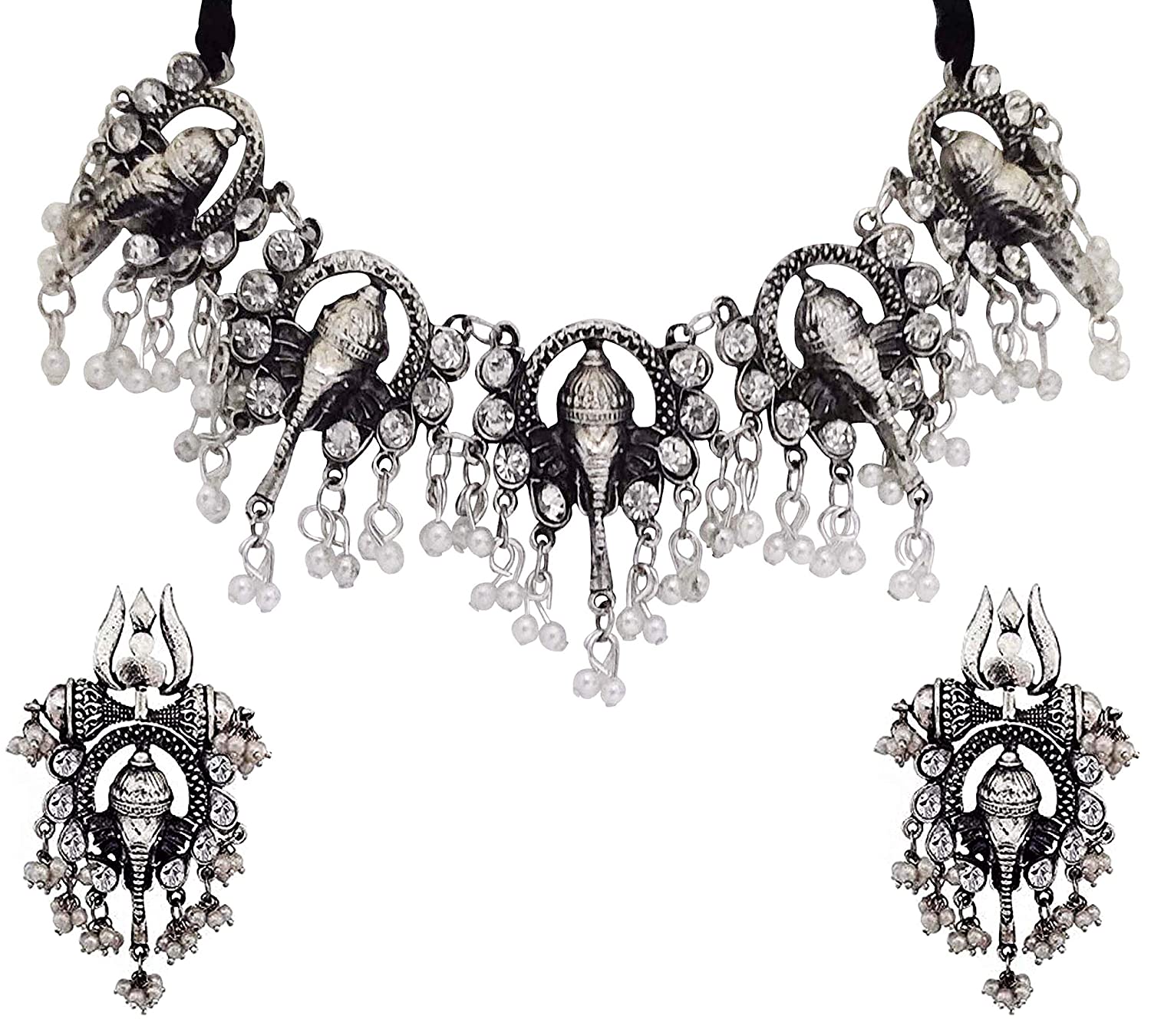 Silver-Plated Alloy Oxidised Ganesh Ji Shape Necklace - The Pari