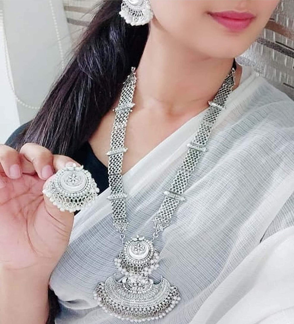 Silver-Plated Alloy Long Half Moon Oxidised Necklace - The Pari