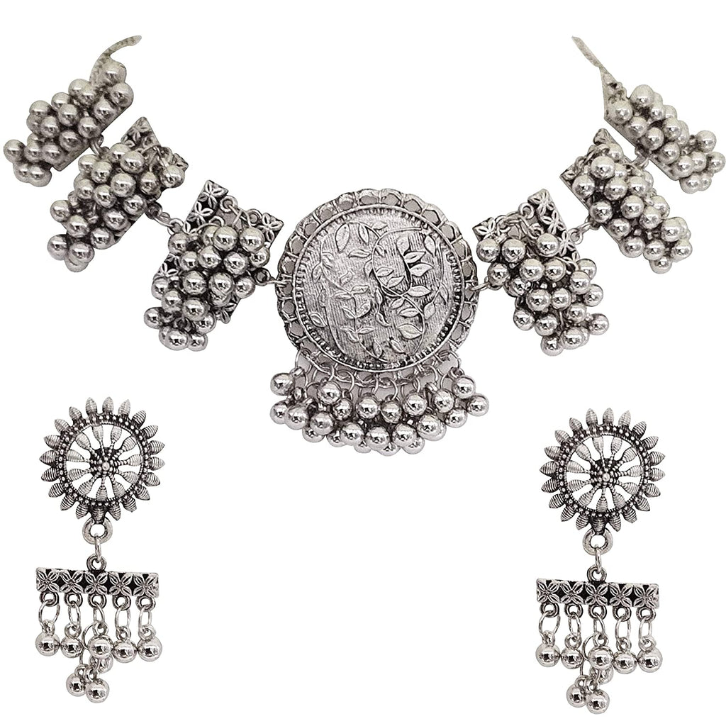 Silver-Plated Alloy Designer Round Motif Oxidised Necklace - The Pari