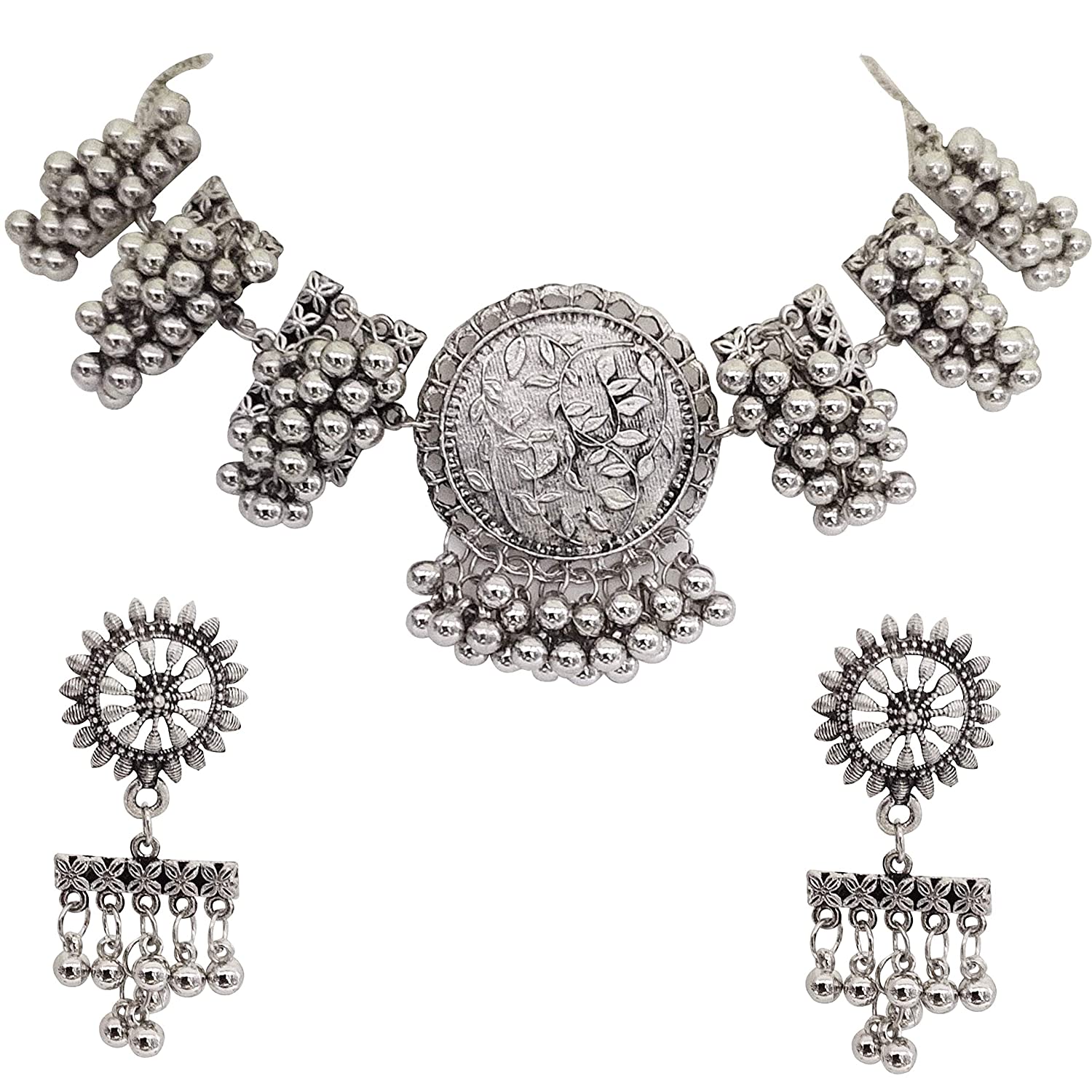 Silver-Plated Alloy Designer Round Motif Oxidised Necklace - The Pari
