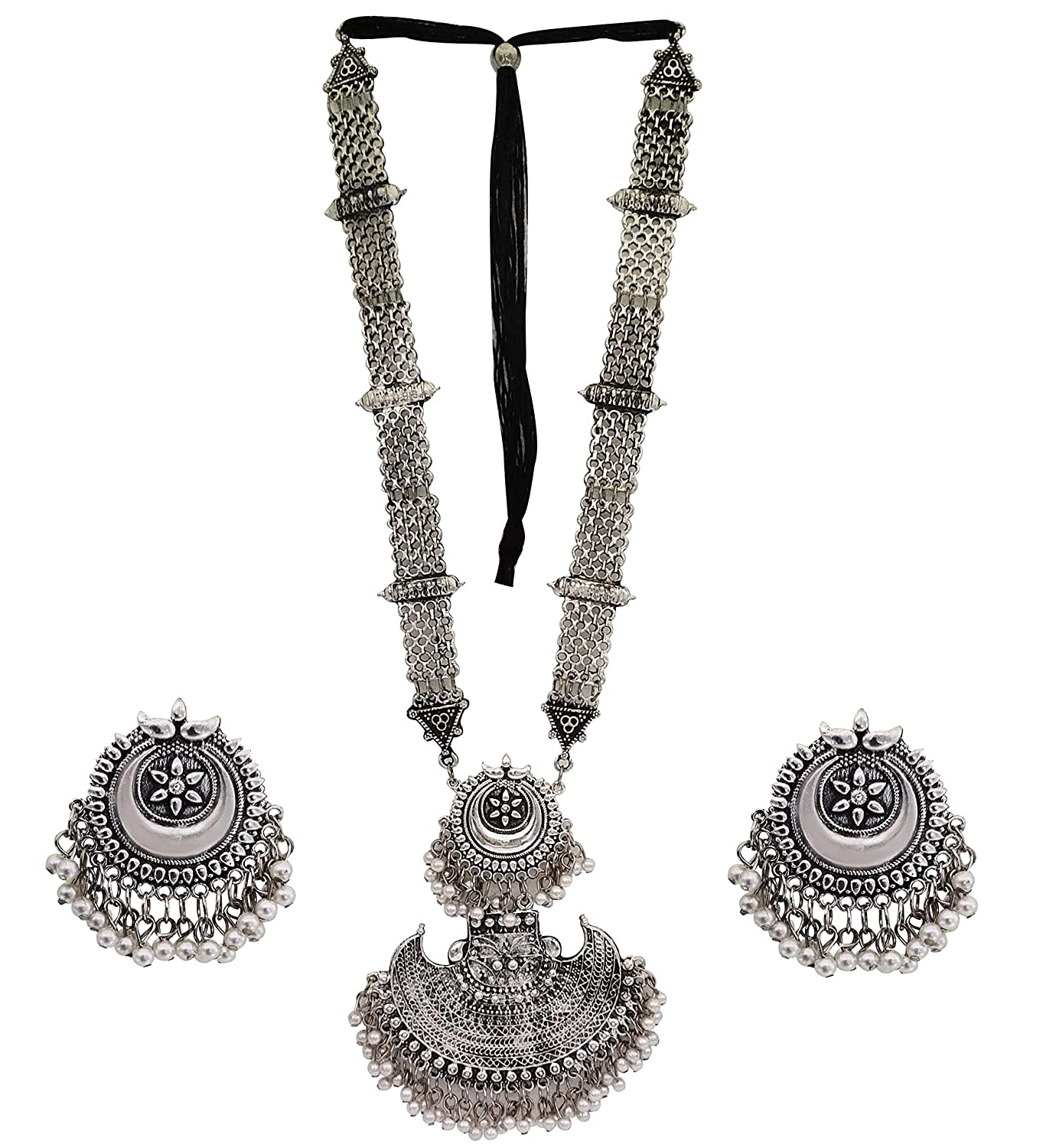 Silver-Plated Alloy Long Half Moon Oxidised Necklace - The Pari