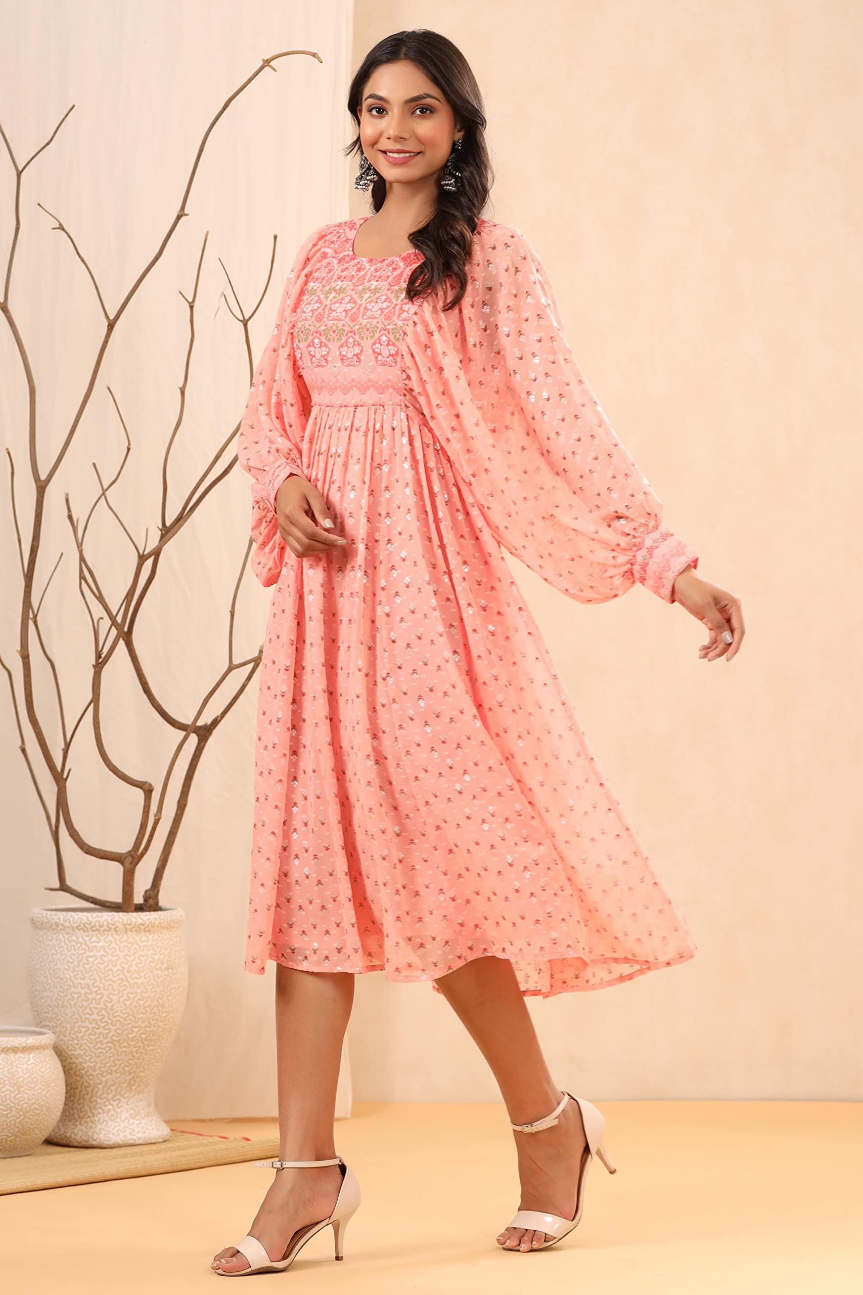 Juniper Women's Peach Ethnic Motif Printed Georgette Midi Dress With Sequins Work - Distacart