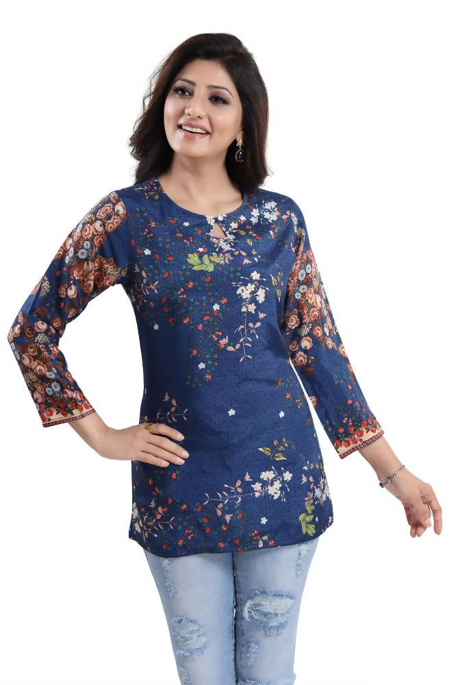 Snehal Creations Blend Well Beautiful Blue Faux Crepe Printed Tunic Top