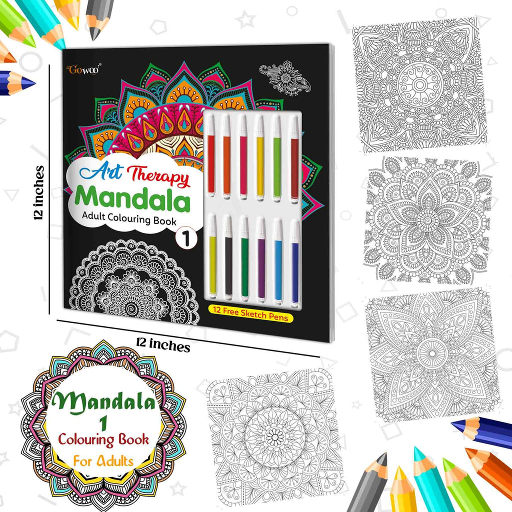 Art Therapy Mandala Adult Colouring Book 1: Mandala Colouring Book, Adult Coloring Book Kit with 12 Sketch Pens, Fun for Adults, Relaxing Coloring workbook