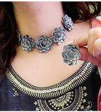Silver-Plated Alloy Oxidised Rose Shape Necklace - The Pari