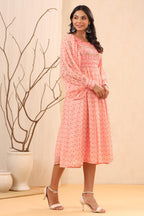 Juniper Women's Peach Ethnic Motif Printed Georgette Midi Dress With Sequins Work - Distacart