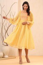 Juniper Women's Yellow Ethnic Motif Printed Georgette Midi Dress With Sequins Work - Distacart