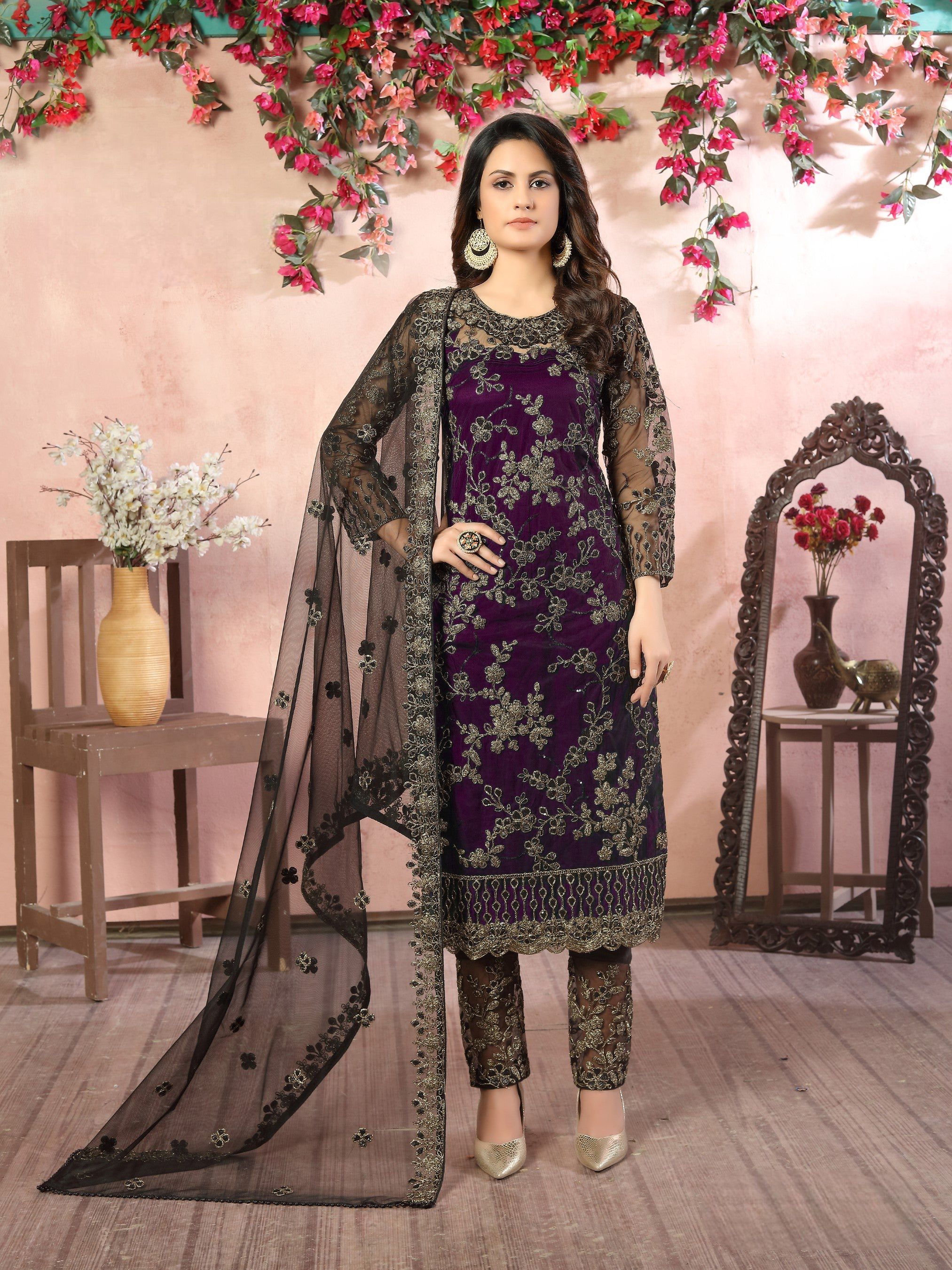 Anaita Purple Embroidered Net Salwar Suit - Distacart