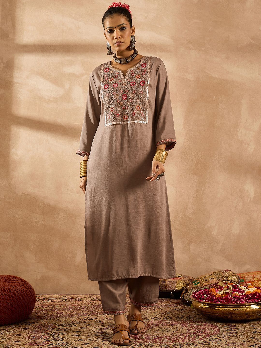 Indo Era Women Ethnic Motifs Embroidered Regular Thread Work Kurta with Trousers & With Dupatta - Distacart