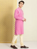 House of Pataudi Men Pure Cotton Self Striped Embroidered Thread Work Jashn Kurta