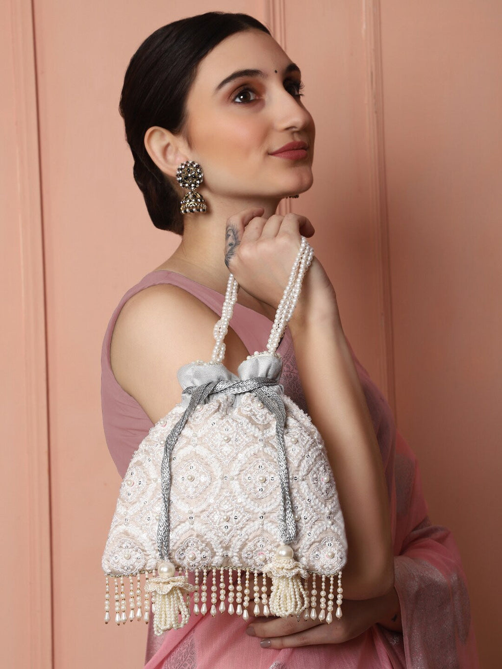 Masq Tan & White Embroidered Potli Clutch - Distacart