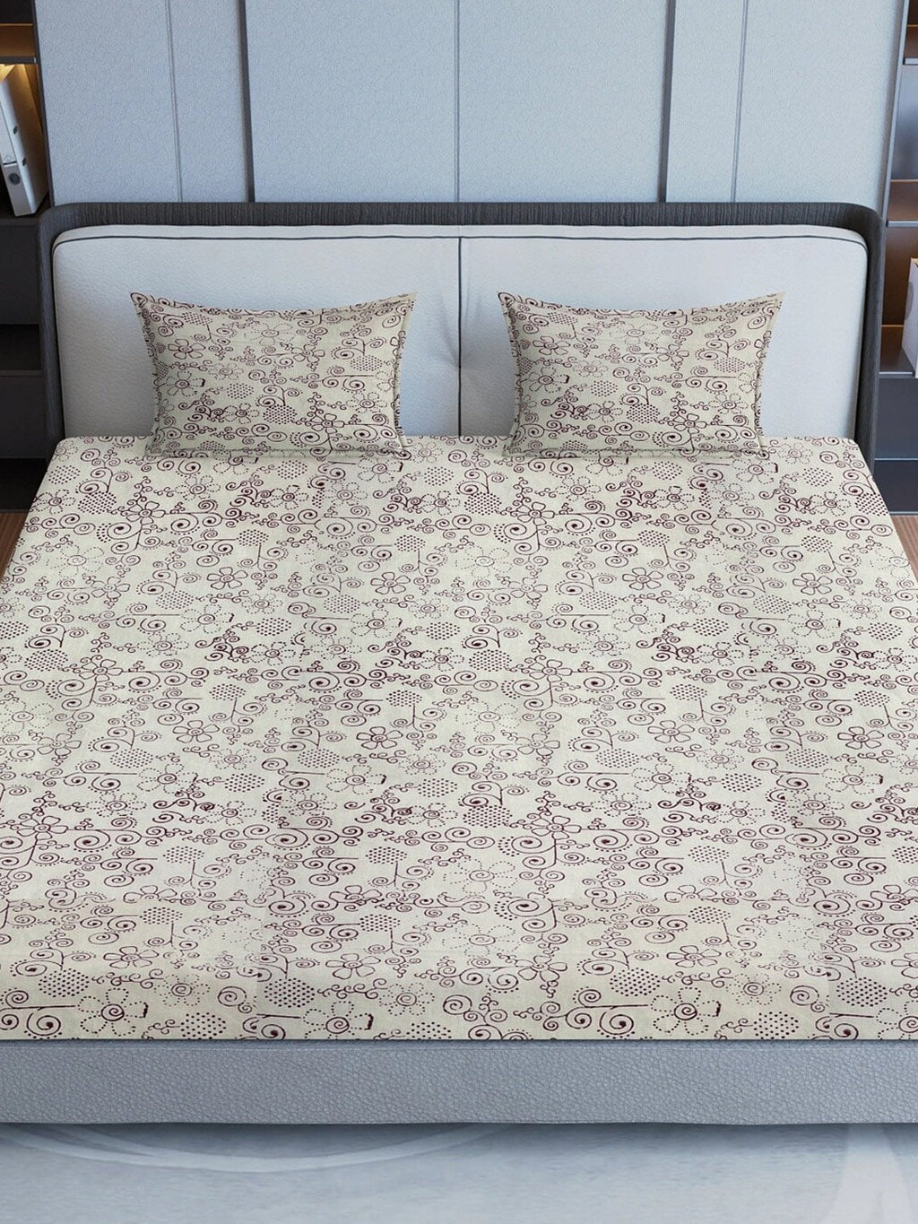Sangria Maroon & Grey Ethnic Motif Printed 200TC Pure Cotton King Bedsheet Set
