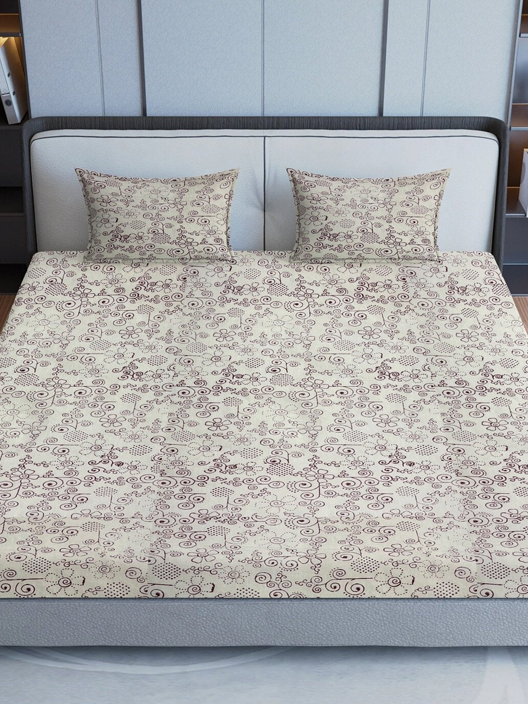 Sangria Maroon & Grey Ethnic Motif Printed 200TC Pure Cotton King Bedsheet Set