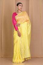 Very Much Indian Pure Linen Silk Saree With Sleek Border - Yellow - Distacart