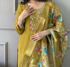 The52 Mustard Gorgeous Embroidered Viscose Chanderi Fabric Straight Kurta Pant with Dupatta Set - Distacart