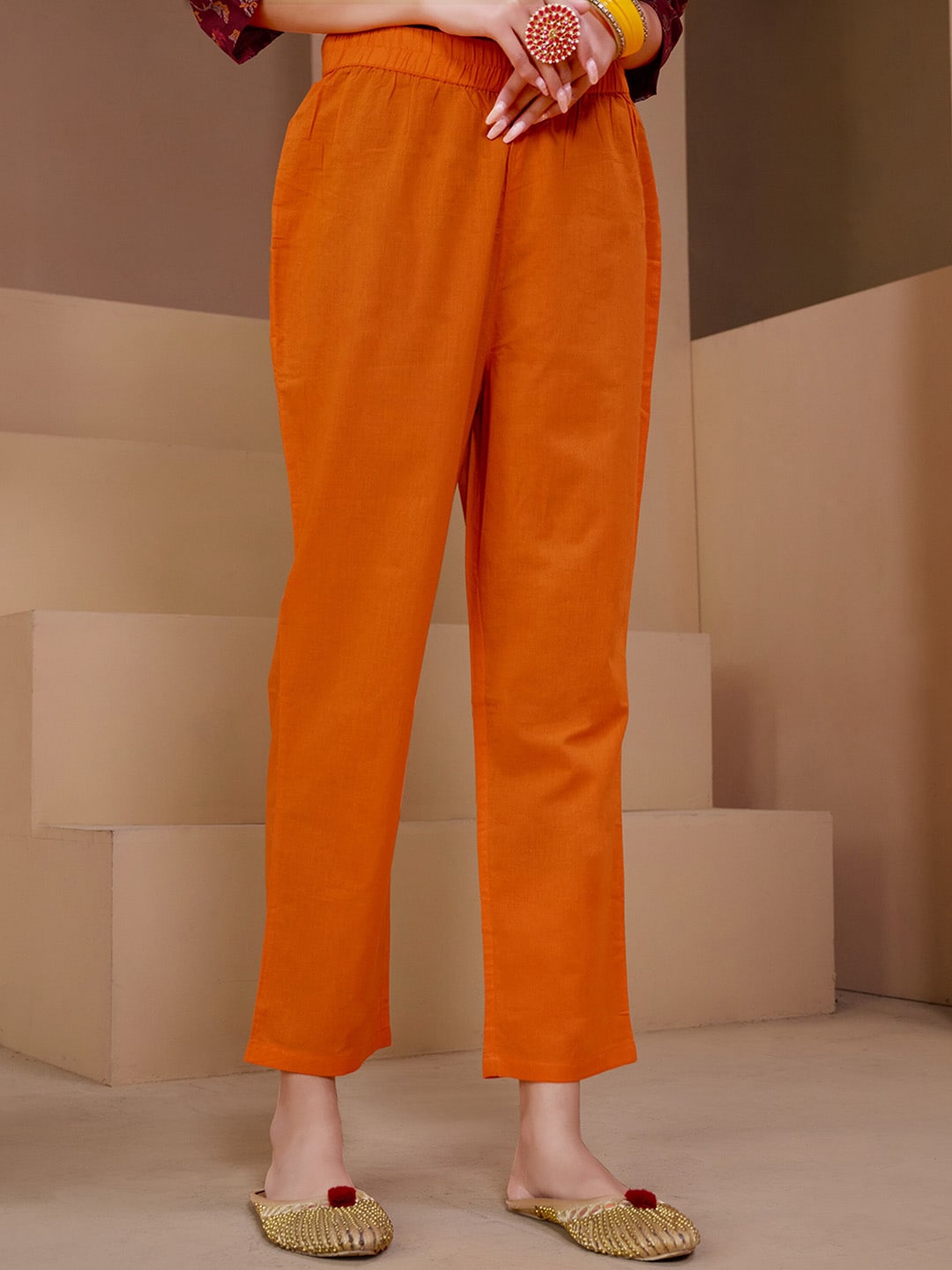 Sangria Maroon & Orange Printed V Neck Pure Cotton Angrakha Kurta With Trousers & Dupatta