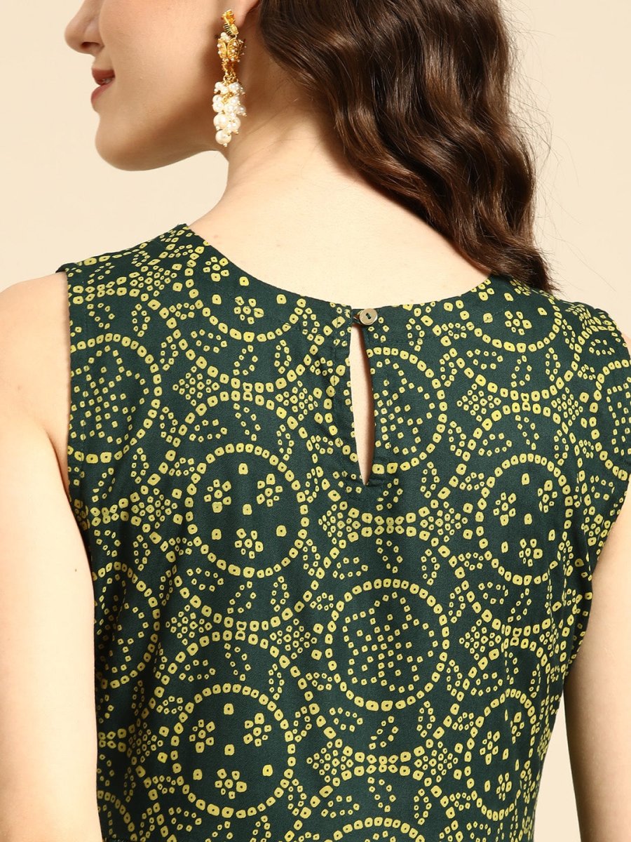 All About You Women Green Bandhani Printed Gathered Sequinned Kurti with Palazzos