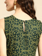 All About You Women Green Bandhani Printed Gathered Sequinned Kurti with Palazzos