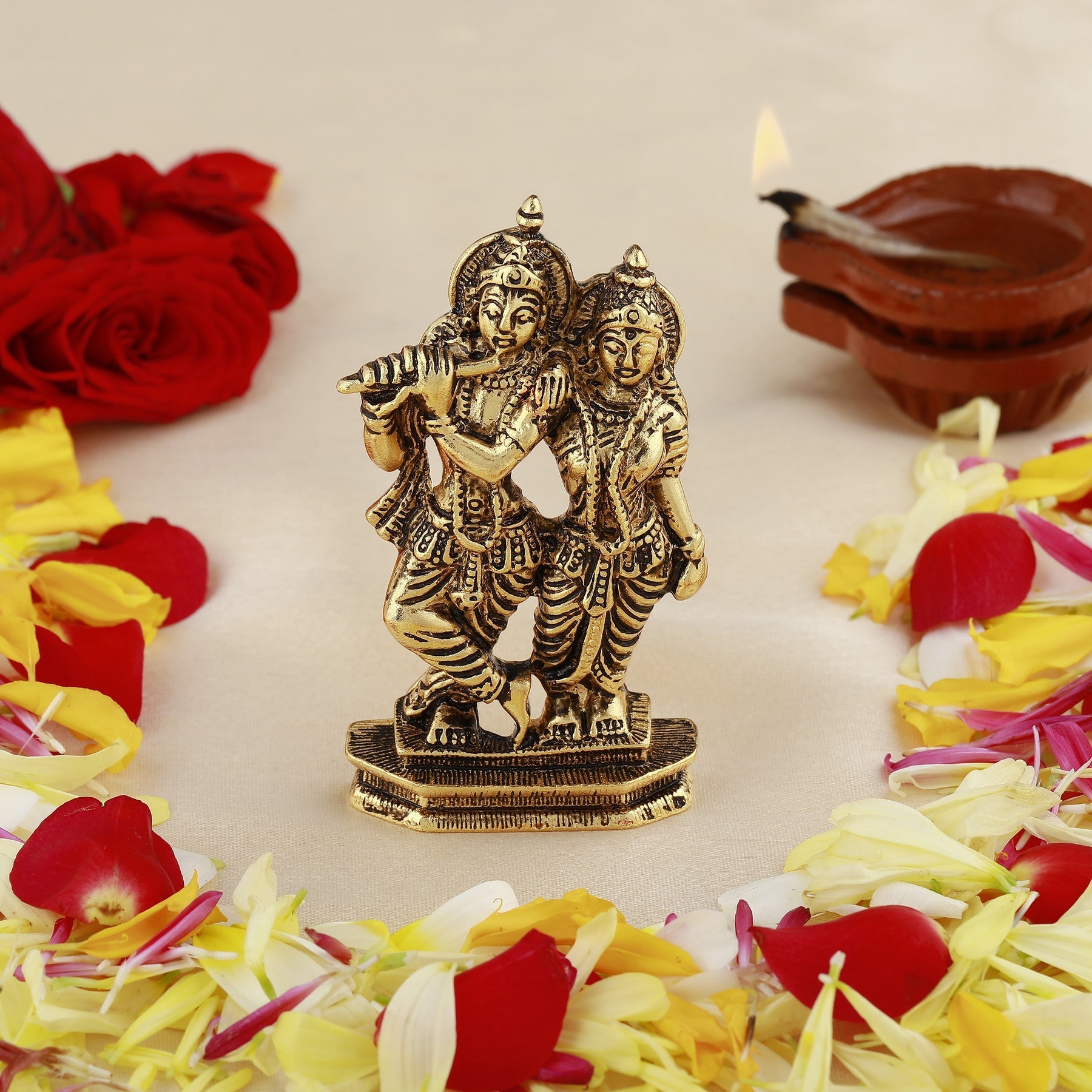 Estele Gold-Polished Devotional Shree Radha Krishna Idol for Home/Car Decor