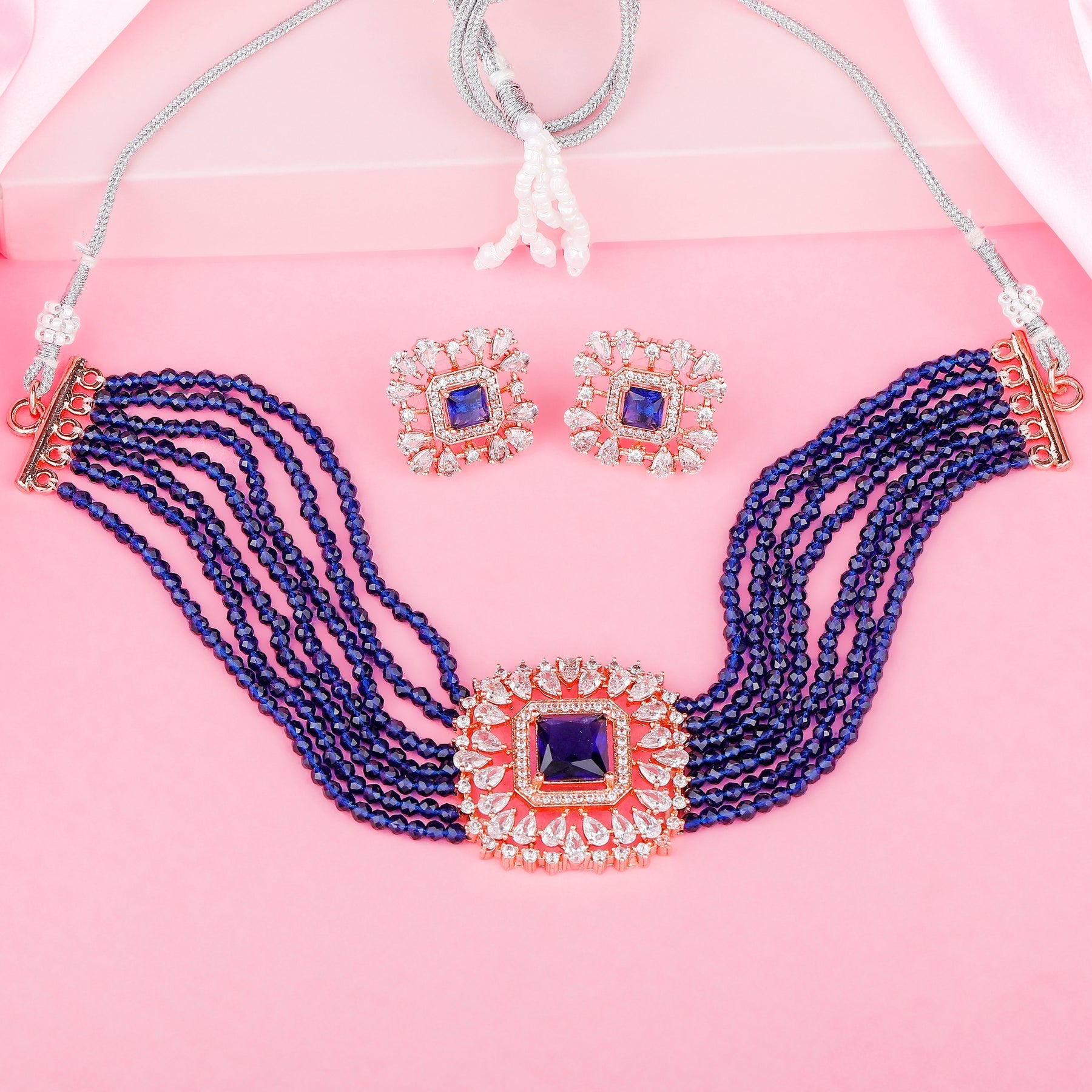 Estele Rose Gold-Polished CZ Square Choker Necklace Set with Navy Blue Beads for Women
