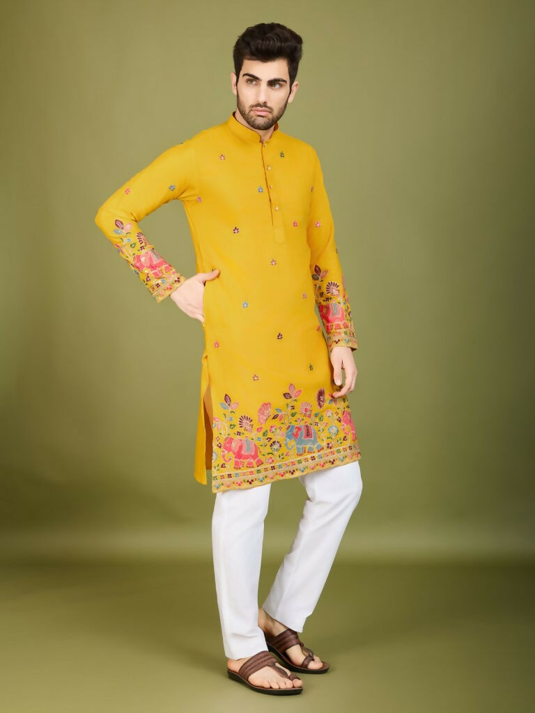 Vastranavya Yellow Exclusive Festival Wear Cotton Sequence Embroidered & Thread Work Kurta