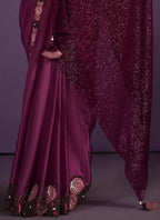 Purple Crepe Satin Silk Embroidered Saree With Stitched Blouse - Mohmanthan Exotica