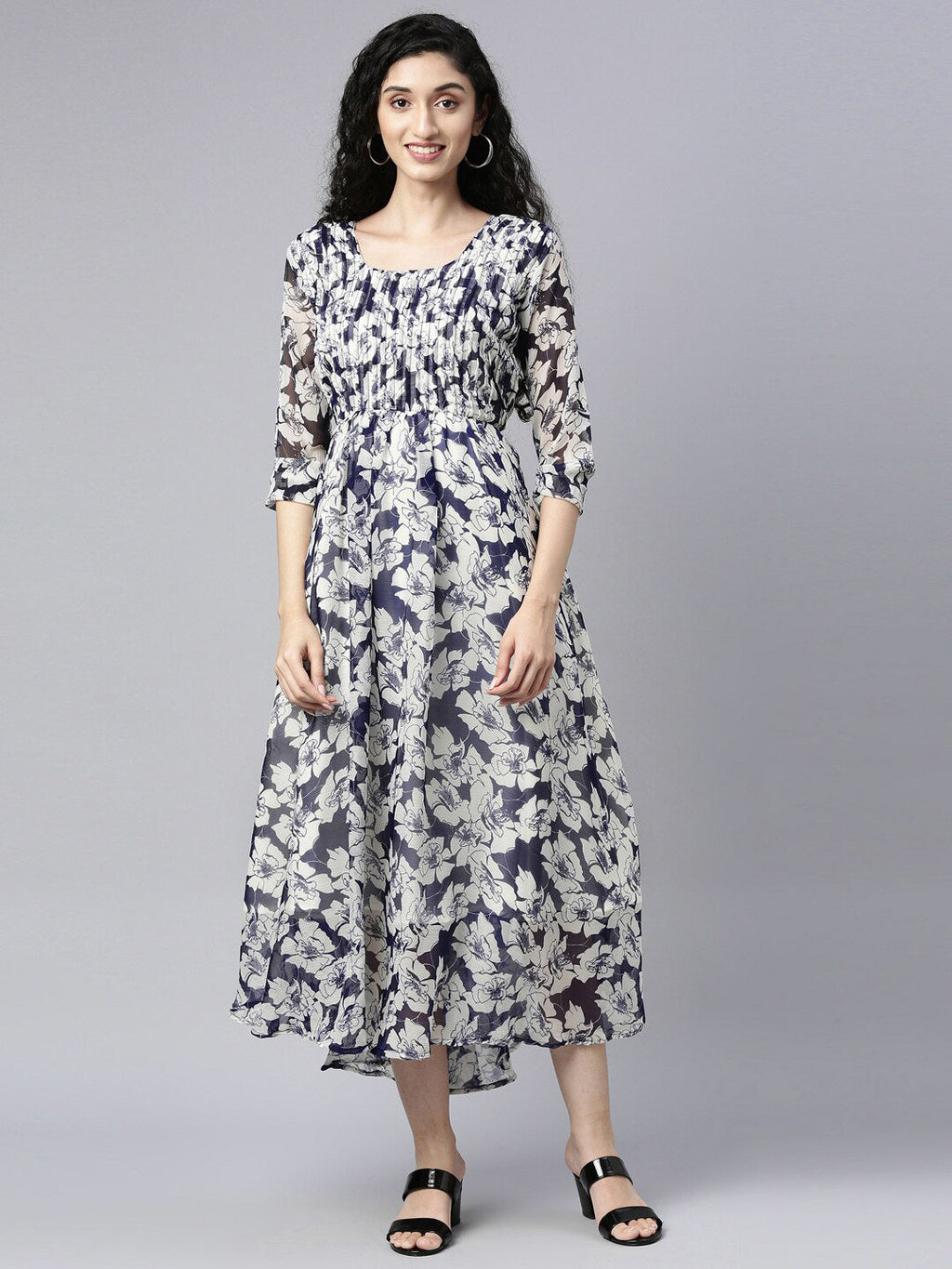 Souchii Floral Printed Chiffon Empire Midi Dress - Distacart