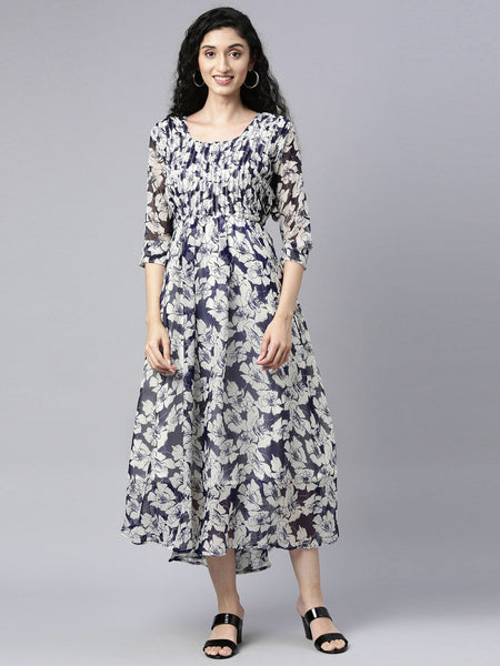 Souchii Floral Printed Chiffon Empire Midi Dress