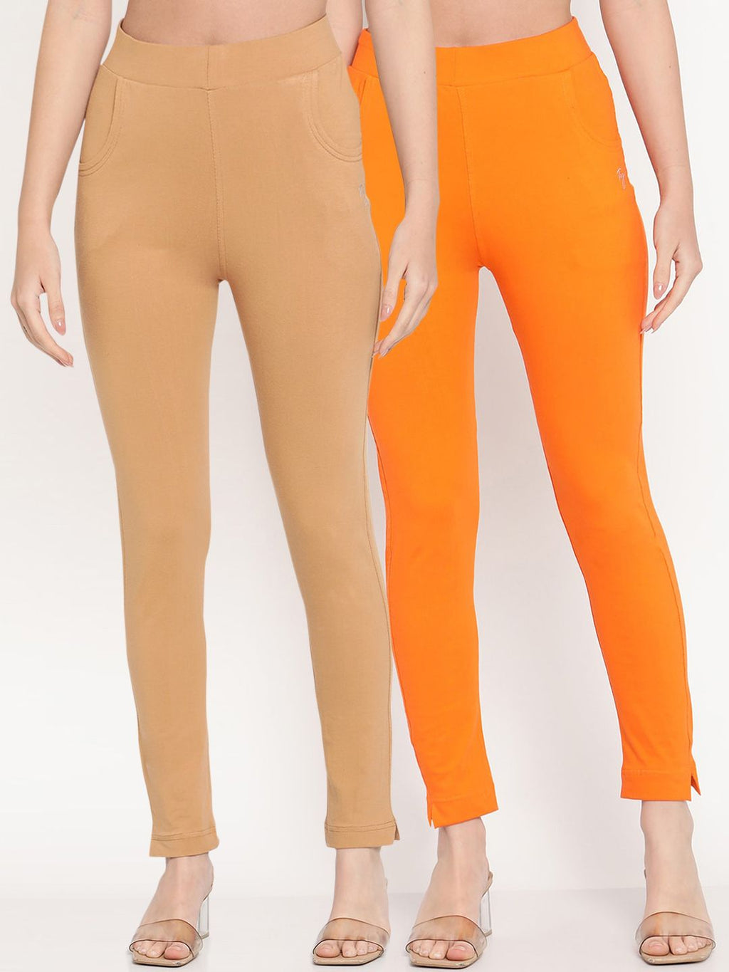 TAG 7 Set Of 2 Beige & Orange Solid Leggings