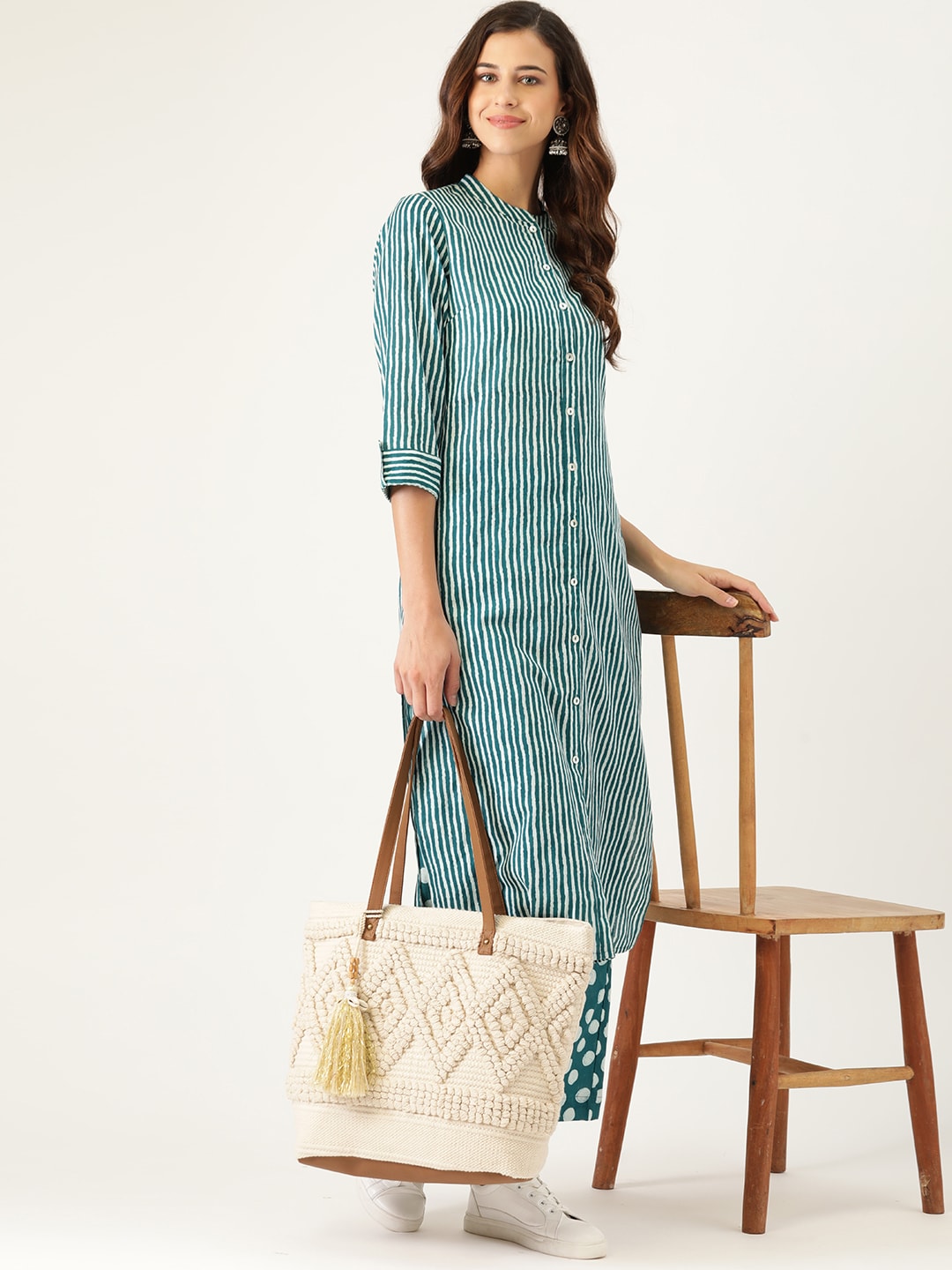 Sangria Women Teal Blue Striped Pure Cotton Kurta with Palazzos