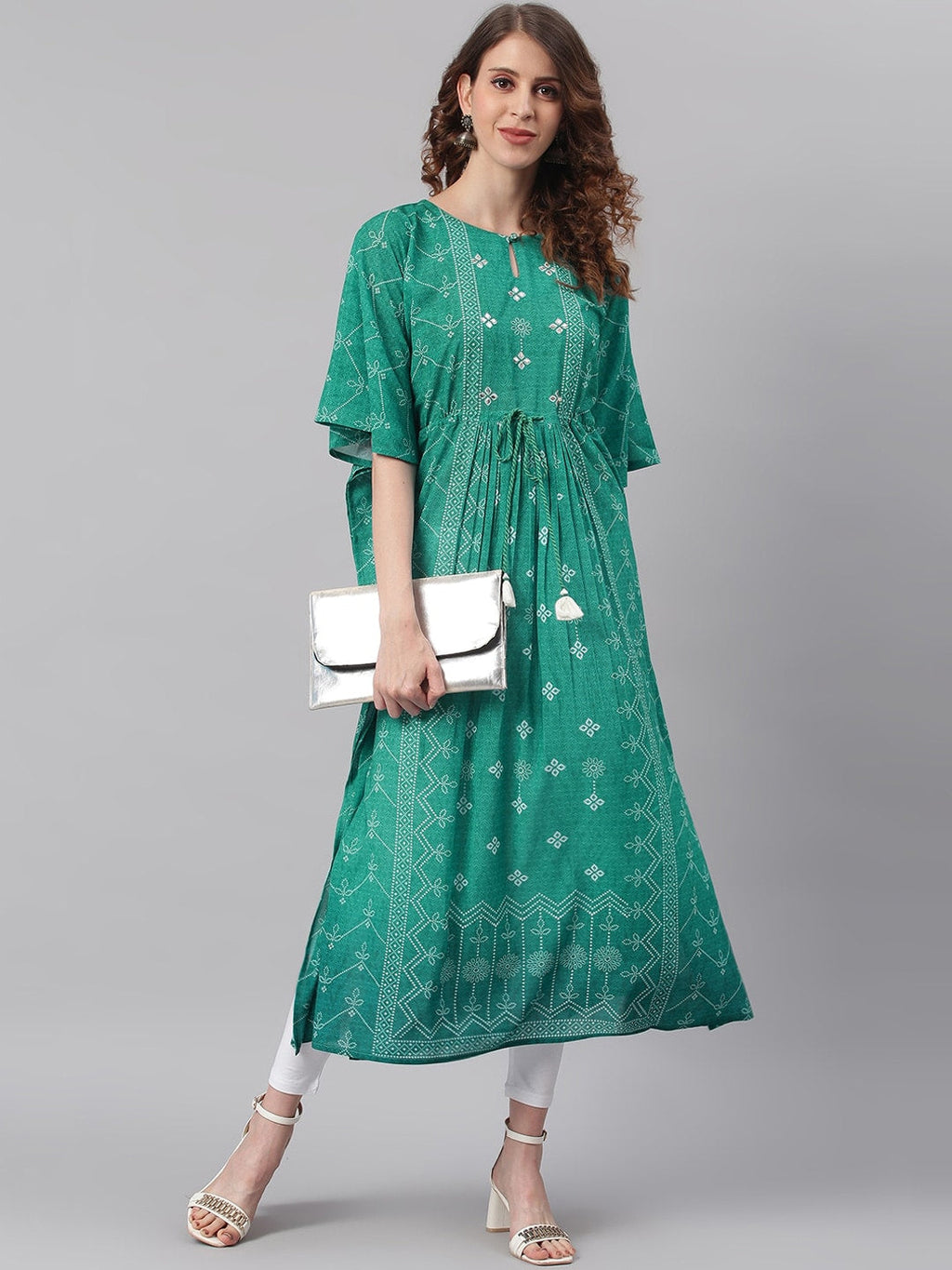 Janasya Green Ethnic Motifs Printed Keyhole Neck Flared Sleeves Georgette Kaftan Kurta - Distacart