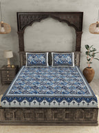 JAIPUR FABRIC Festival Waves Blue & White Cotton 210 TC Queen Bedsheet & 2 Pillow Covers