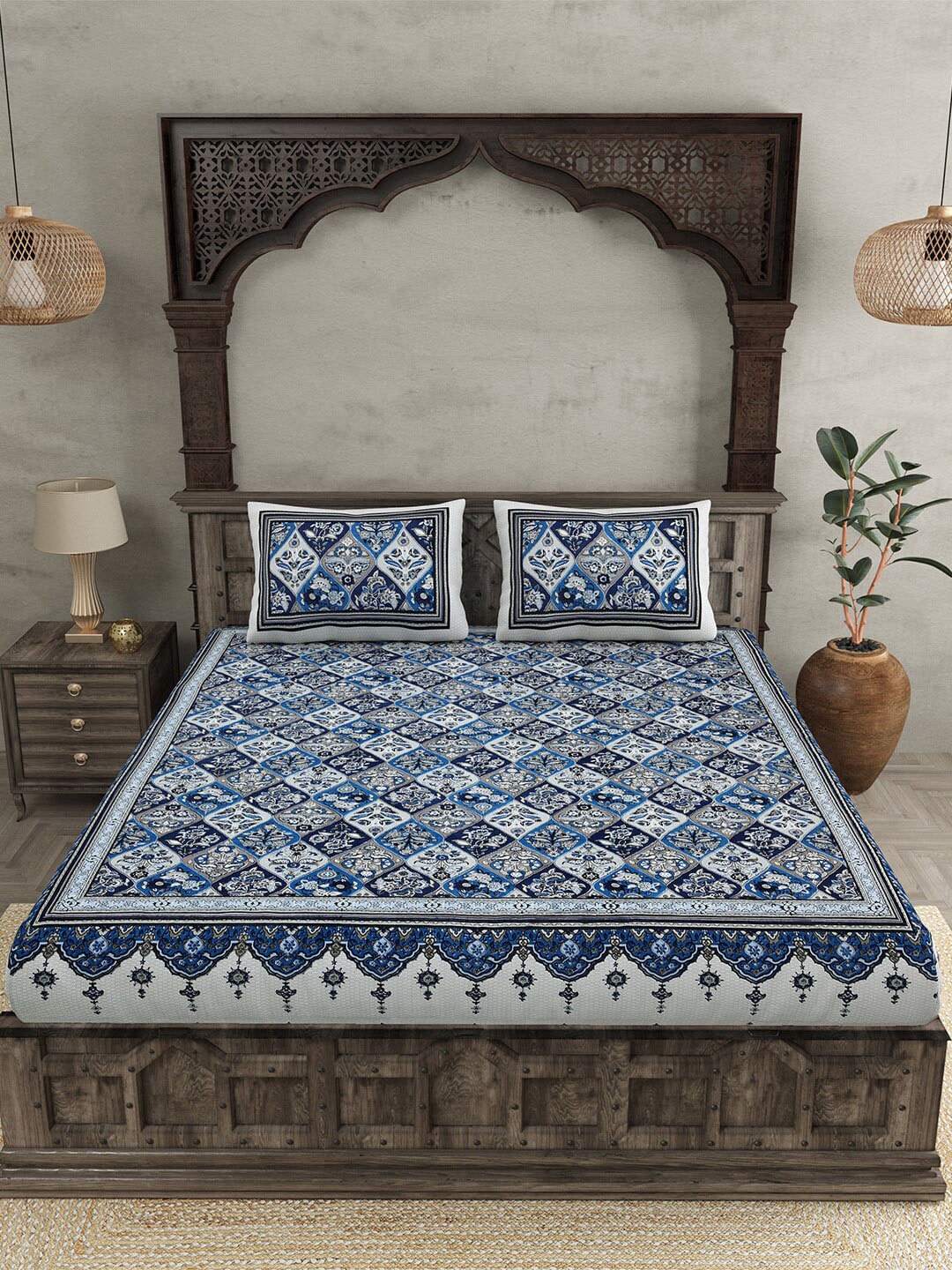 JAIPUR FABRIC Festival Waves Blue & White Cotton 210 TC Queen Bedsheet & 2 Pillow Covers