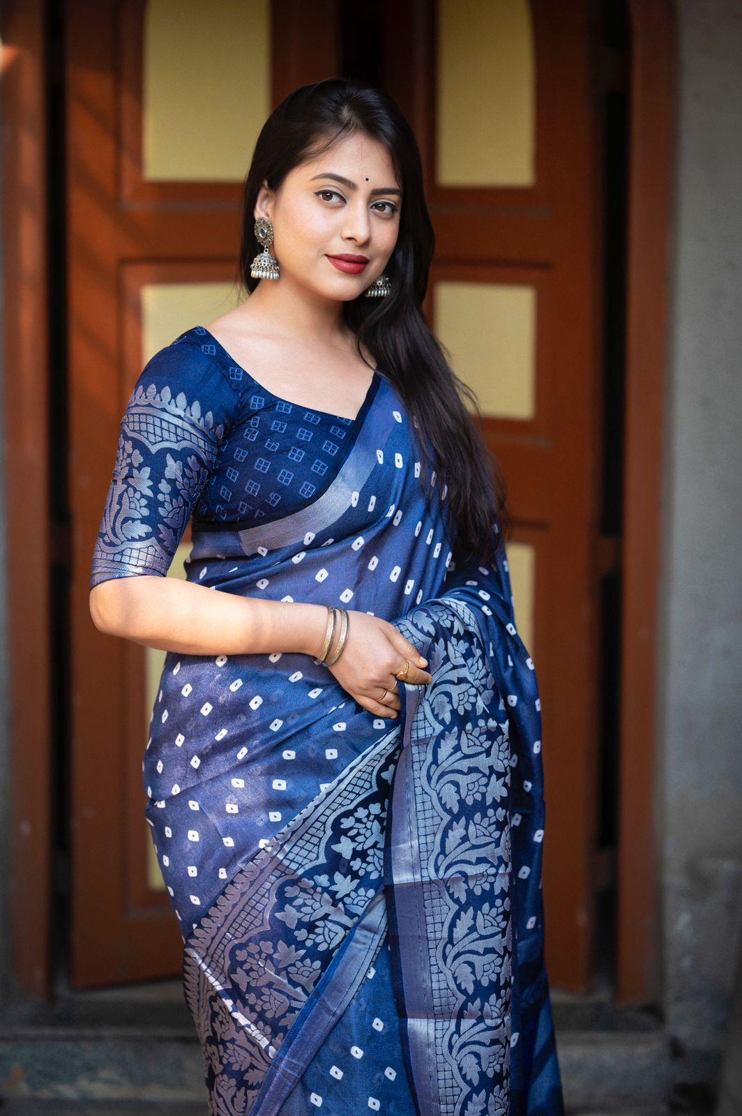 Lightblue Jute Silk Printed Saree with Unstitched Blouse - Hiral Fashion