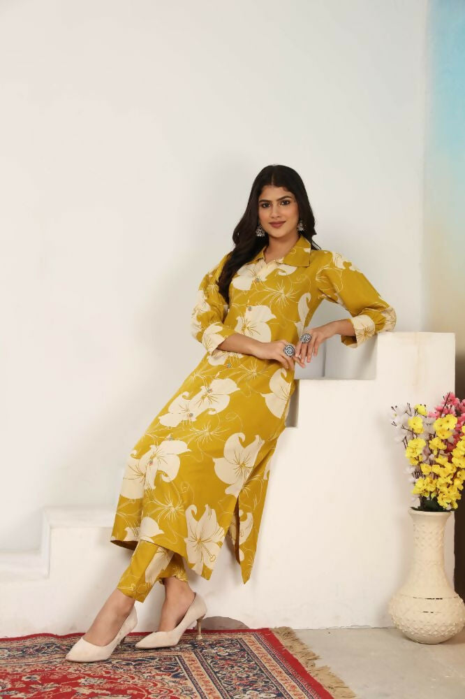 Jyoti Fashion Women's Mustard Rayon Floral Print with Side Pocket Kurtis & Sets