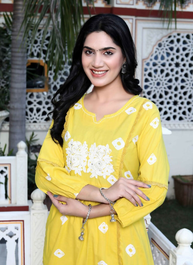 Miravan Women's Cotton Embroidered & Lace Embellished Yellow Bandhani Printed Kurta Palazzo Set